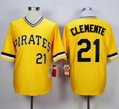 Mitchell and Ness 1971 Pirates #21 Roberto Clemente Yellow Throwback Stitched MLB Jersey - Click Image to Close
